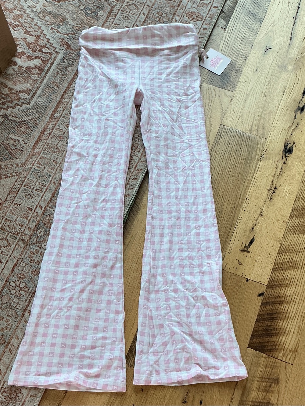 LoveShackFancy Pink Gingham Flared Knit Leggings